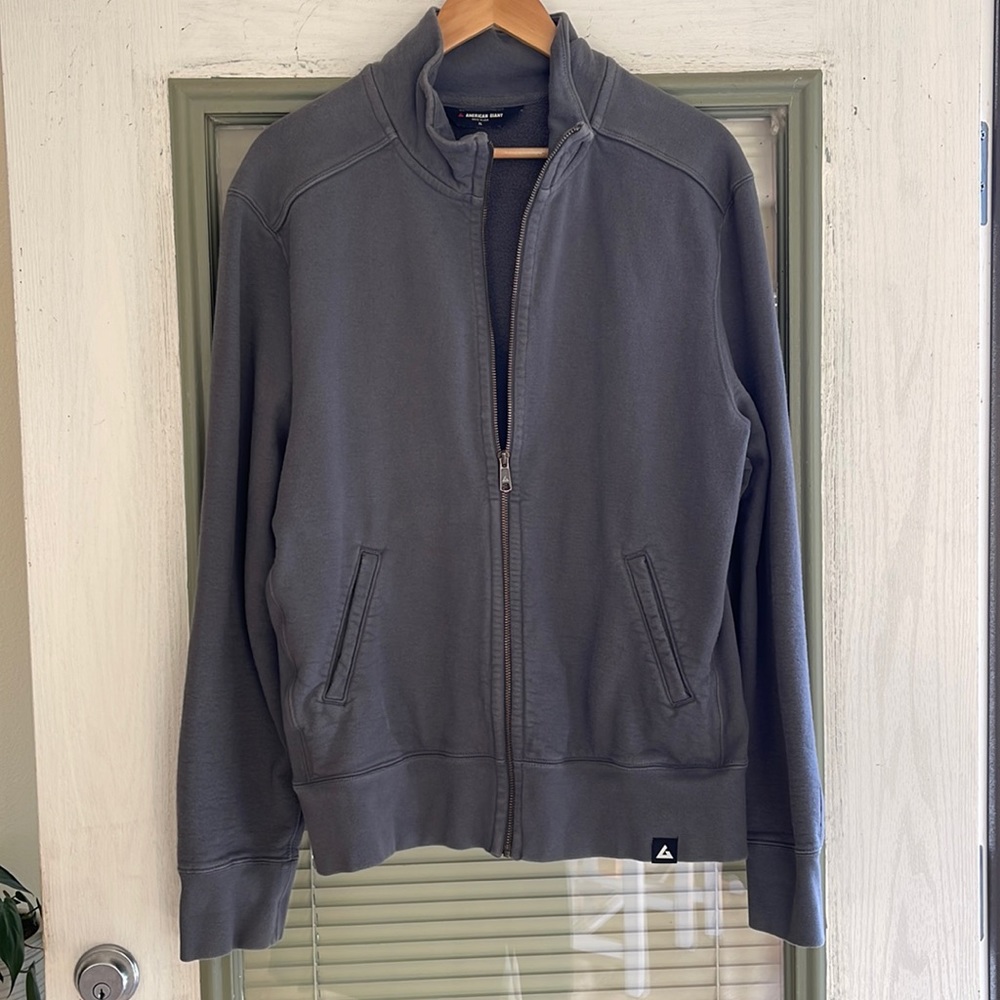 MOTO FULL ZIP American Giant heavyweight fleece men's sweatshirt. Gray